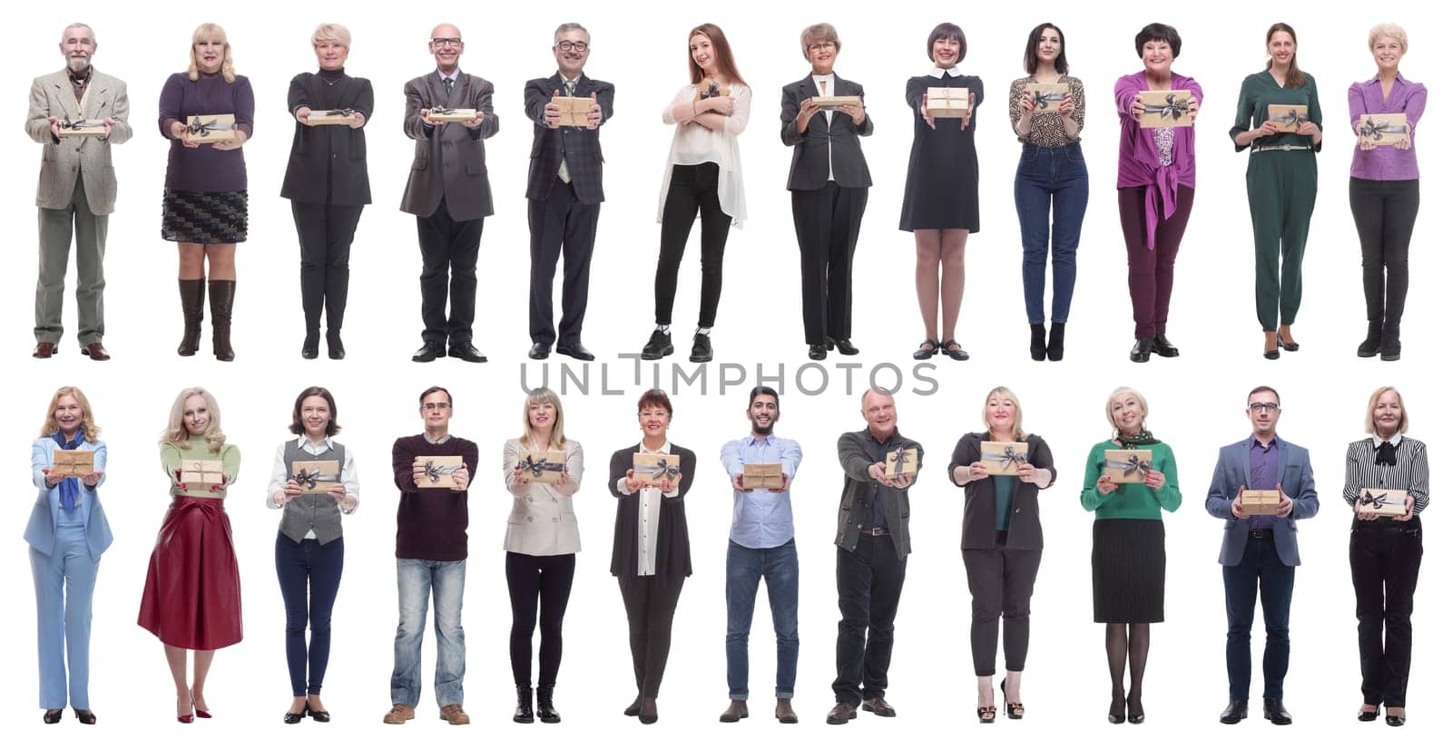 group of happy people with gifts in their hands isolated on white background