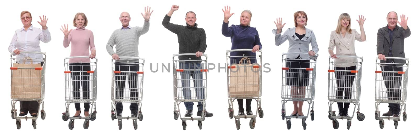 group of people with shopping cart showing thumbs up at camera by asdf