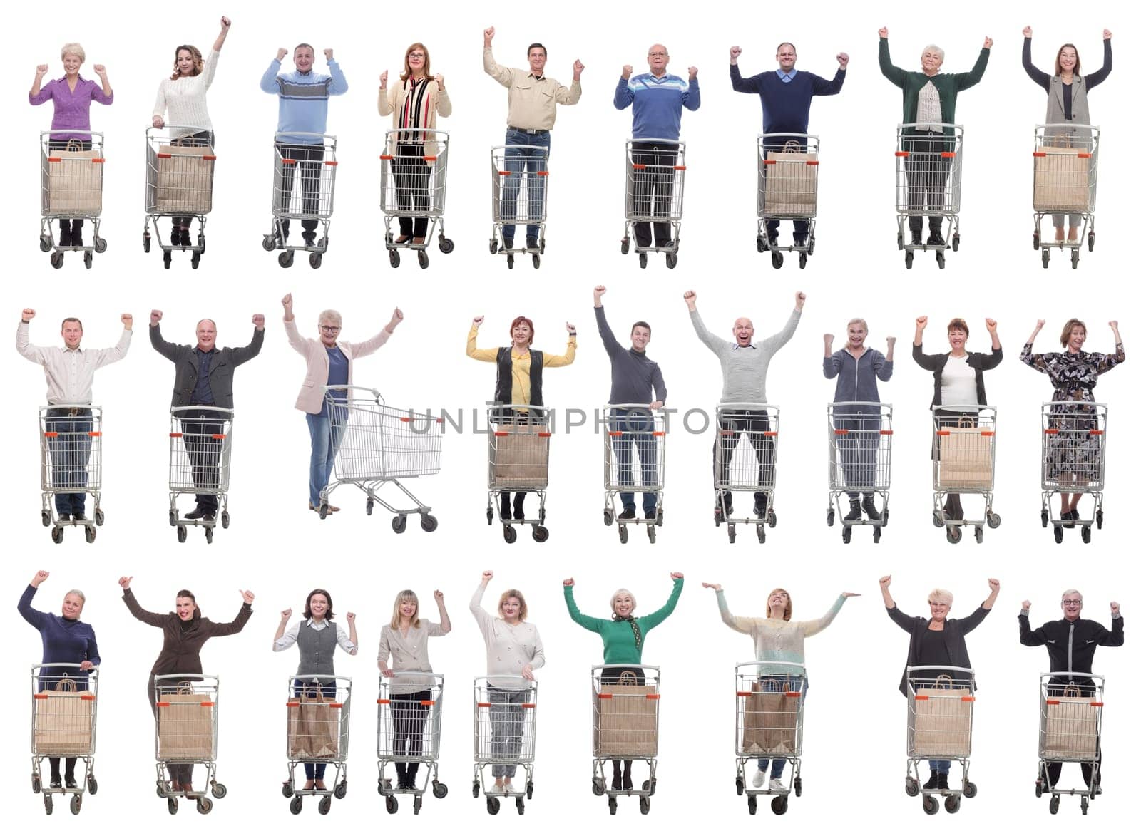group of people with cart raised their hands up isolated on white background