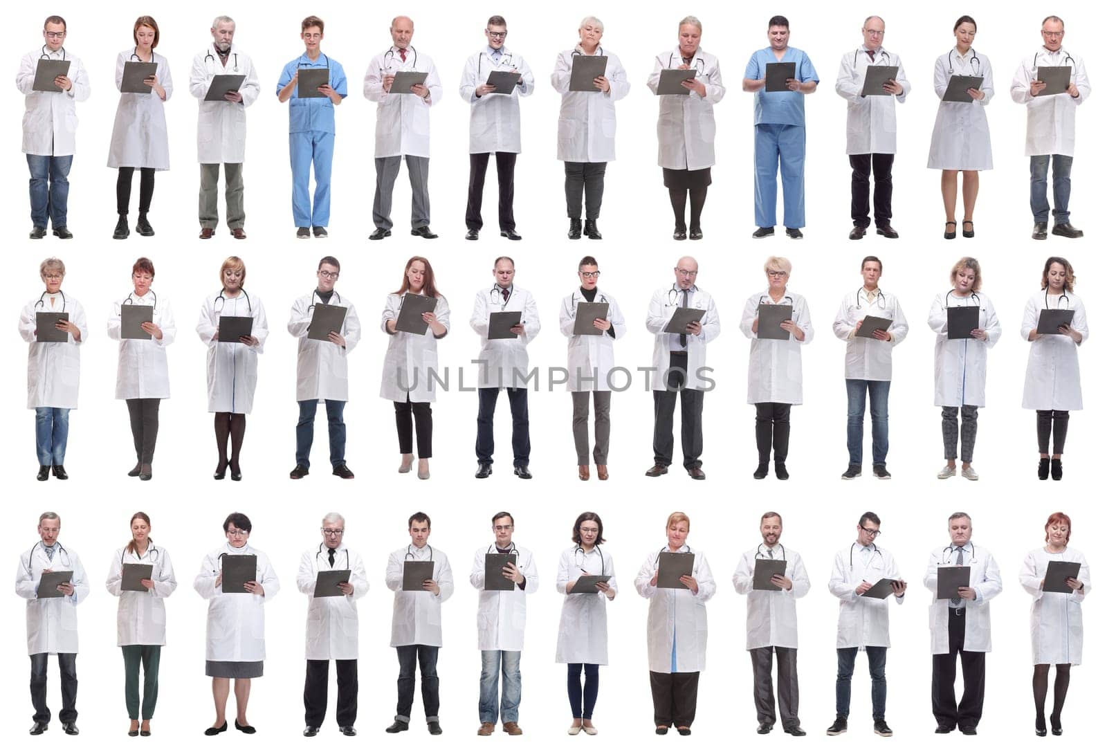 full length group of doctors with notepad isolated by asdf