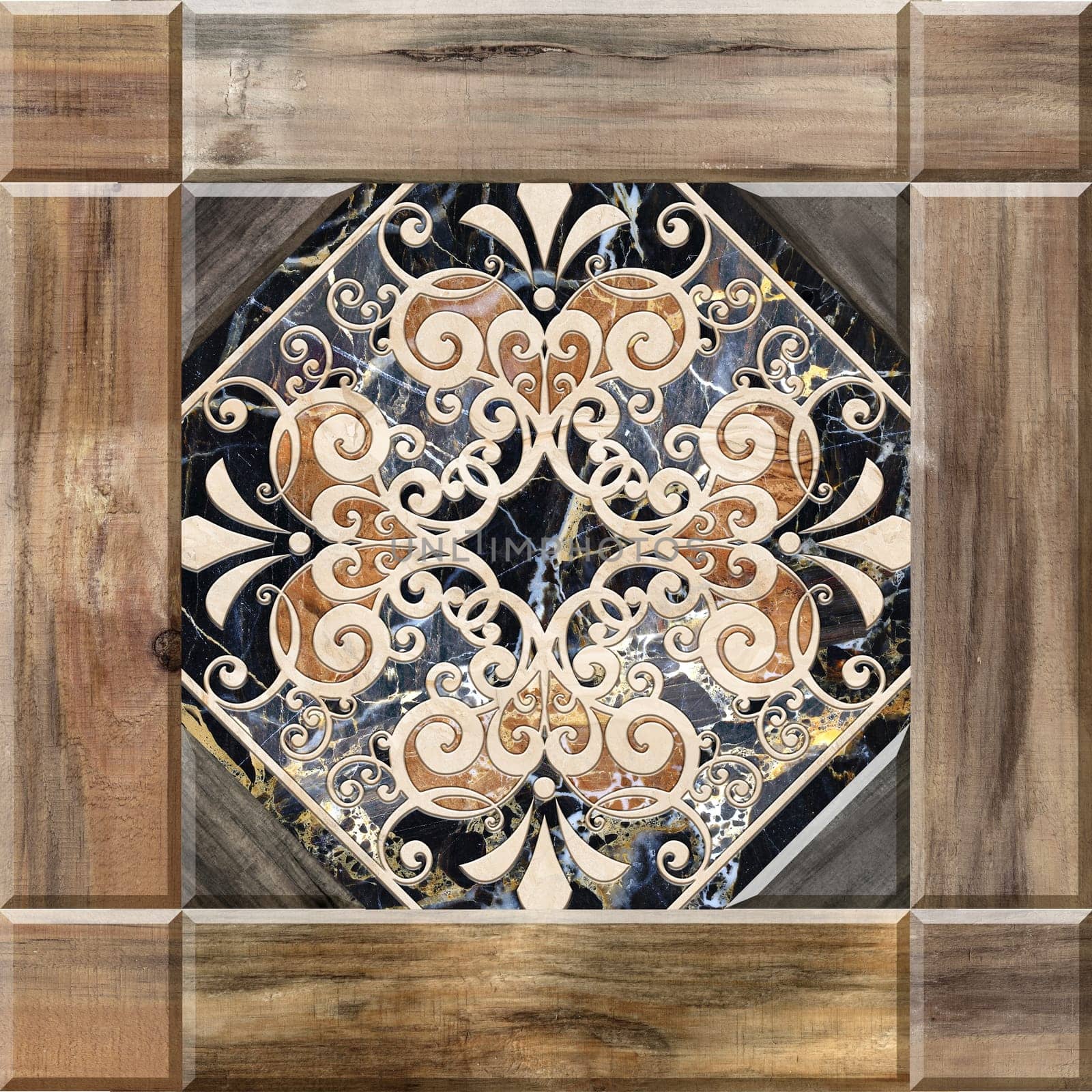 Digital tiles design. 3D rendering Colorful ceramic wall and floor tiles decoration. Abstract damask patchwork pattern with geometric and floral ornaments, Vintage tiles digital design . High quality photo