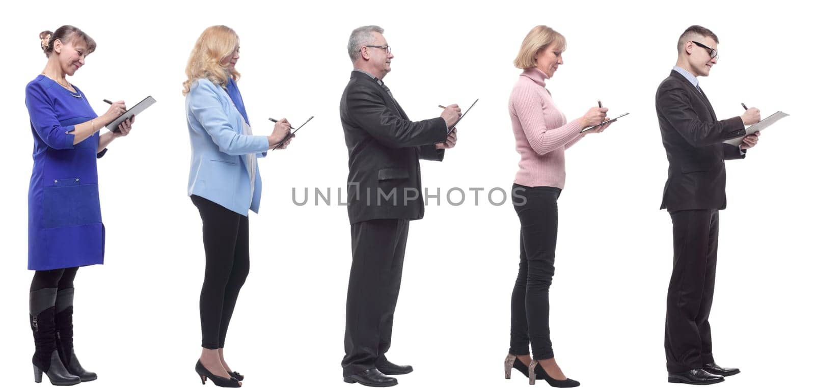 group of successful people with notepad in hands isolated on white background