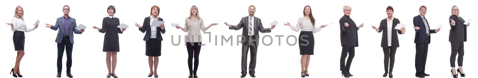 group of people holding tablet with outstretched hand isolated on white background