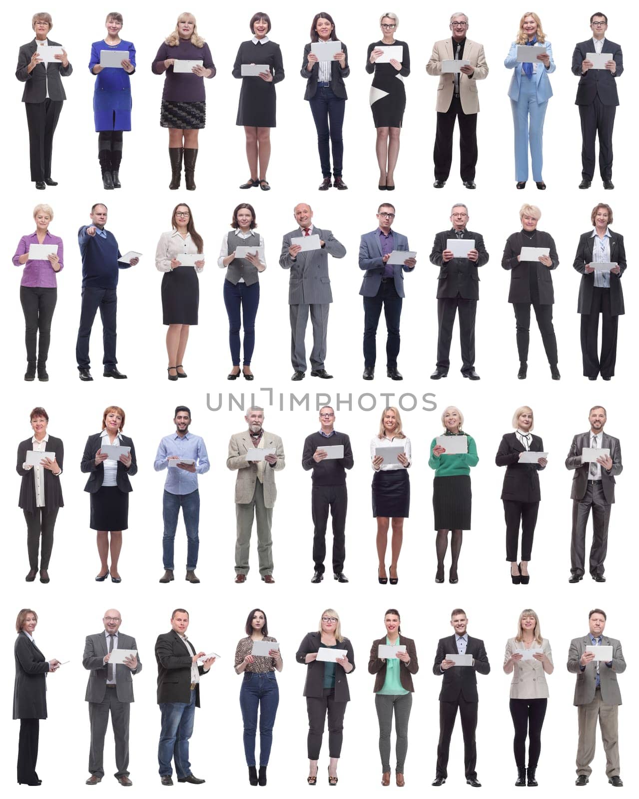 group of people demonstrating tablet looking at camera isolated on white background