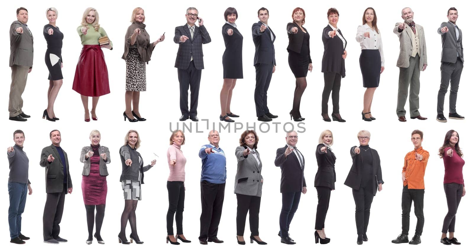group of business people showing finger at camera isolated on white background