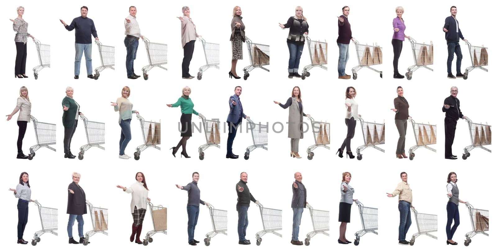 group of people with shopping cart on white background