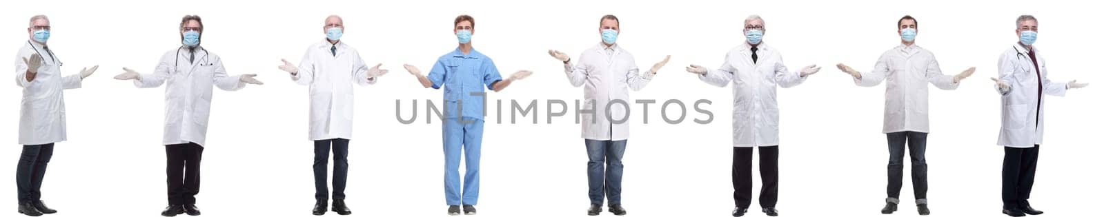 group of doctors in mask isolated on white background