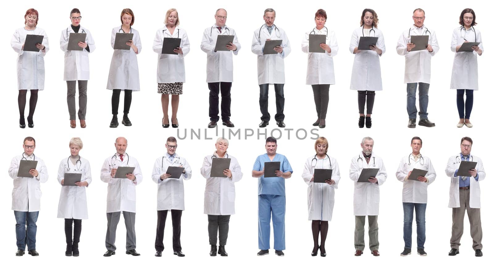 full length group of doctors with notepad isolated on white background