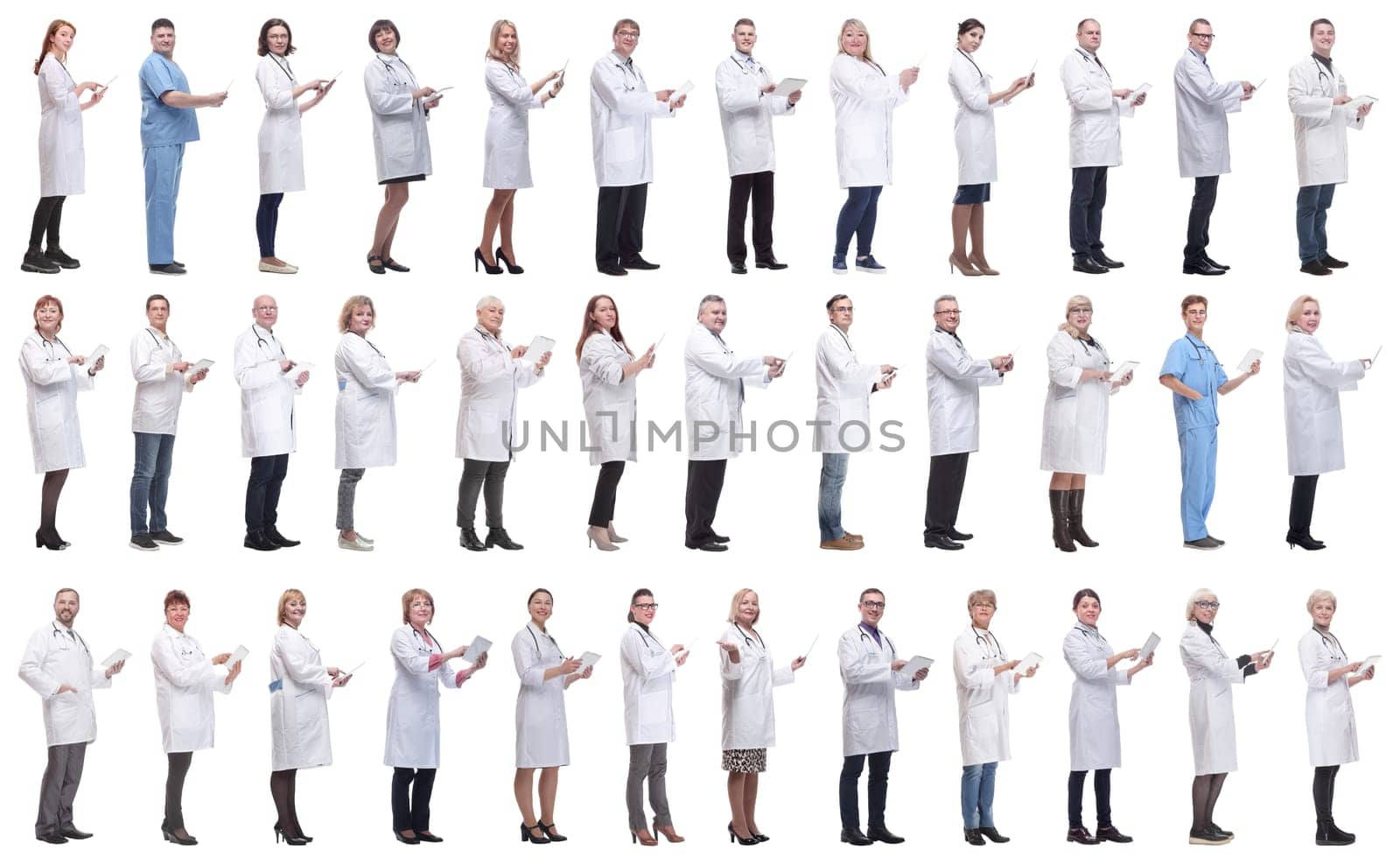 group of doctors with clipboard isolated on white background