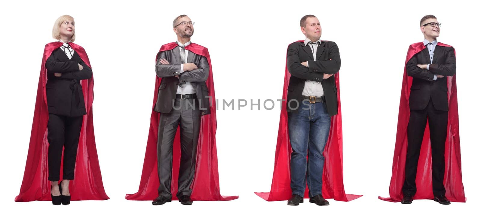 group of people in red raincoat isolated on white background