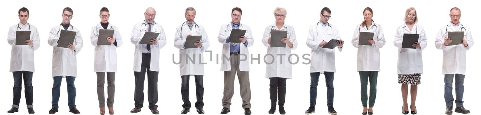 full length group of doctors with notepad isolated on white background