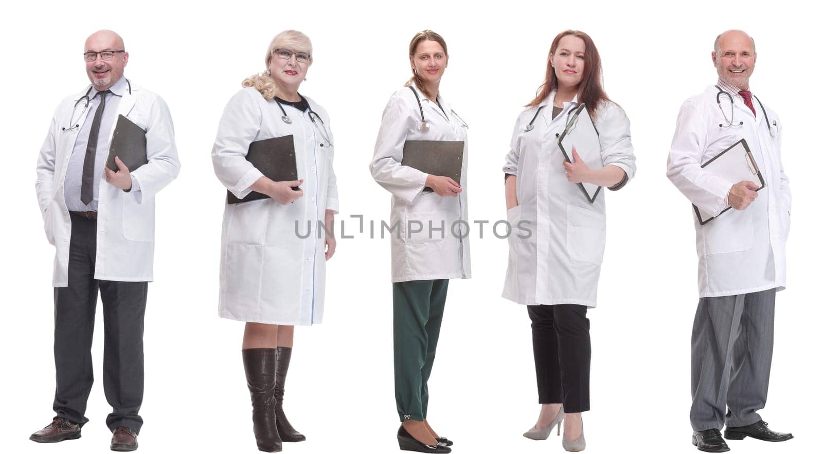 full length group of doctors with notepad isolated on white background