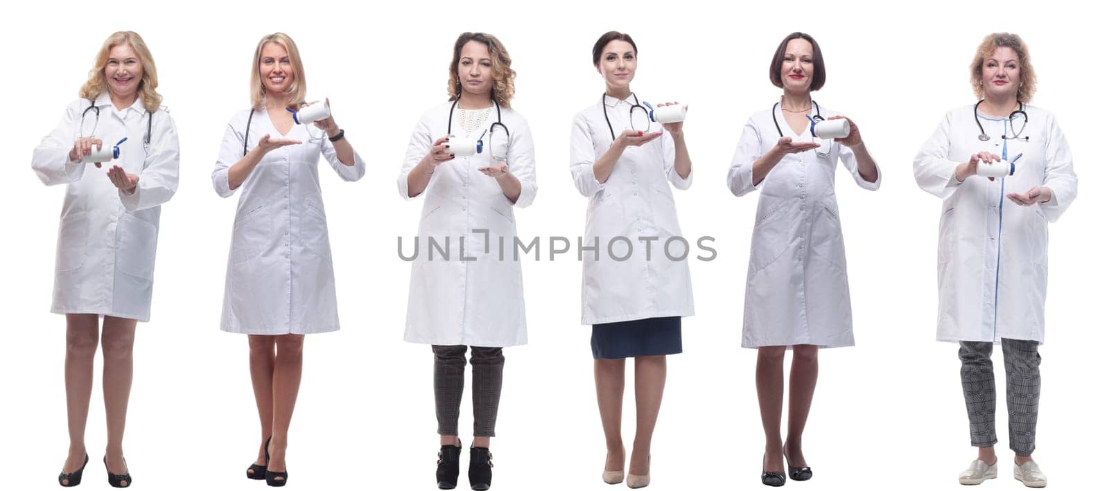 group of doctors holding jar isolated on white by asdf