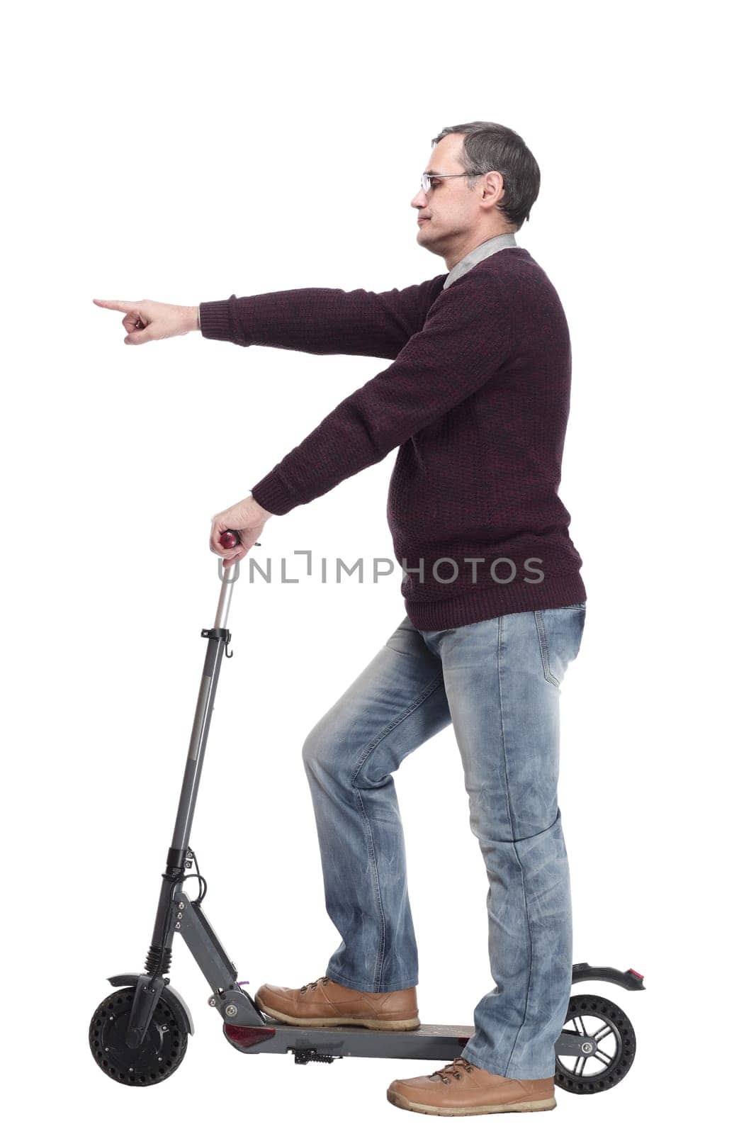 casual man with electric scooter. isolated on a white background.