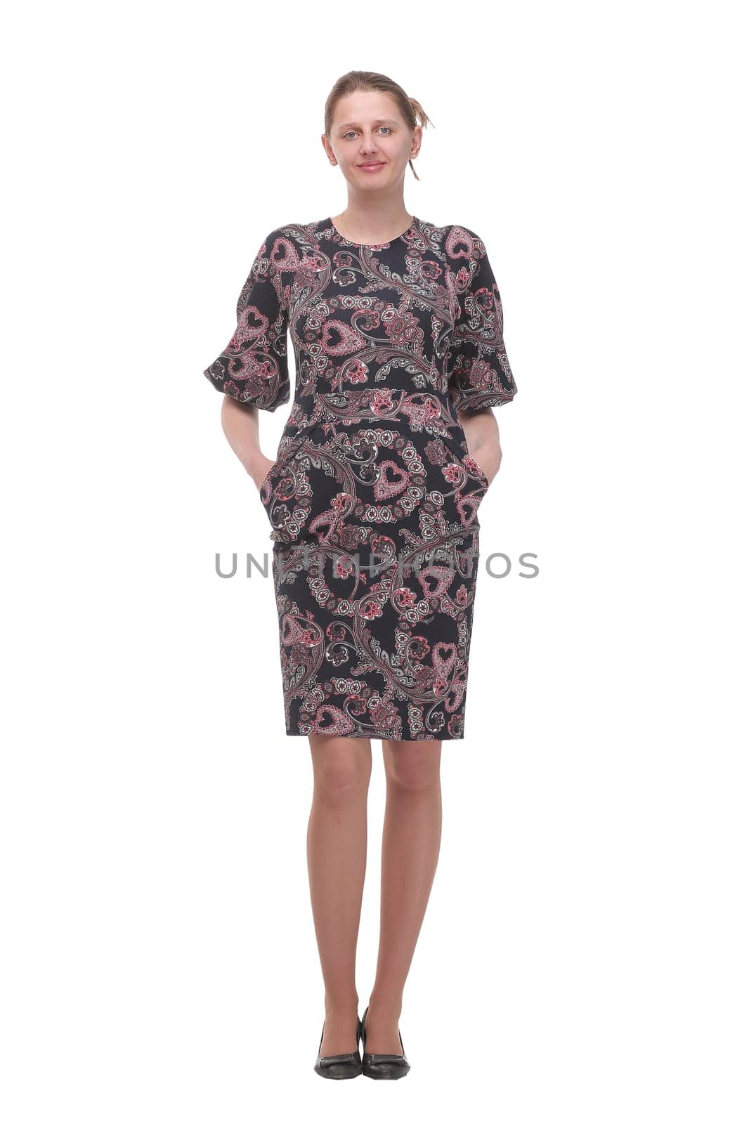 Full body portrait of smiling woman in dress. Isolated over white background