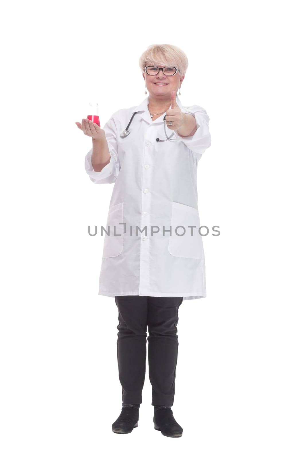 competent doctor with a laboratory flask. isolated on a white background.