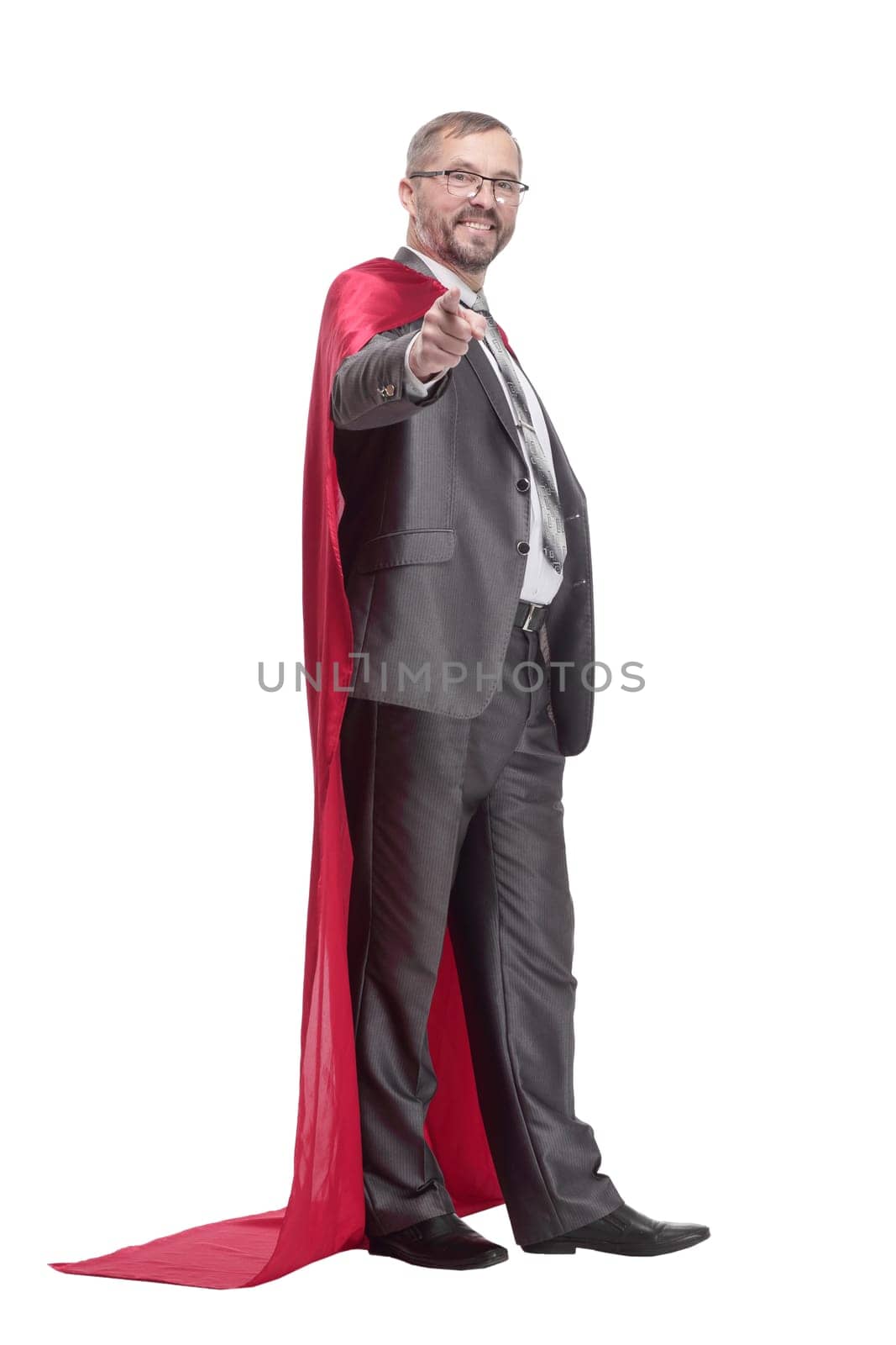 full-length. businessman in a superhero Cape. isolated on a white background.