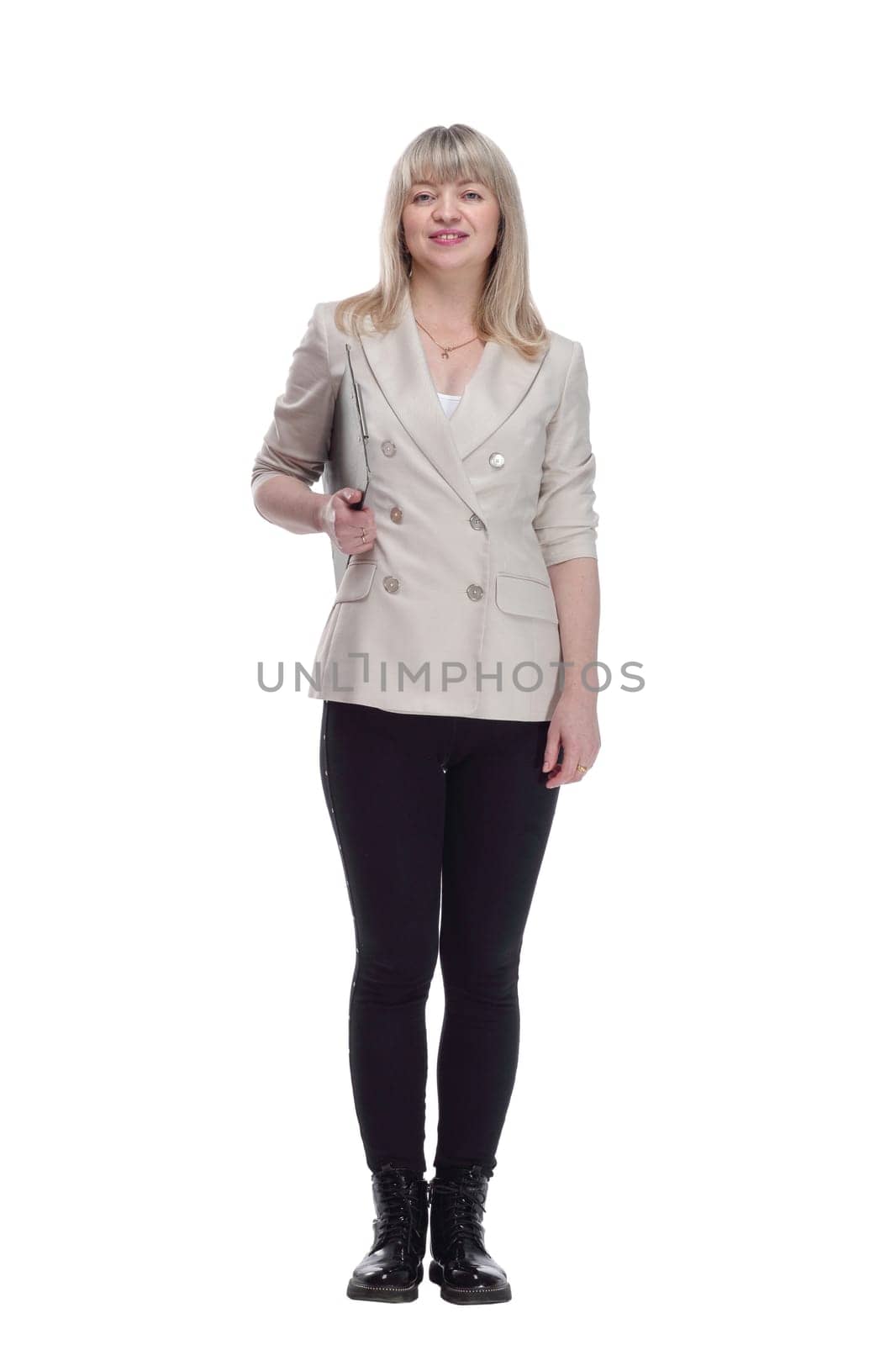 in full growth. responsible woman with clipboard looking forward . isolated on a white background.