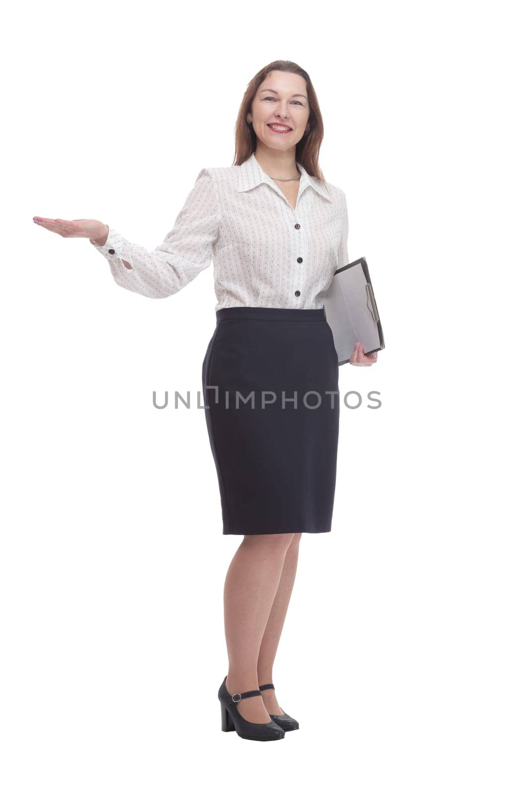 in full growth. Executive business woman with clipboard. isolated on a white background.