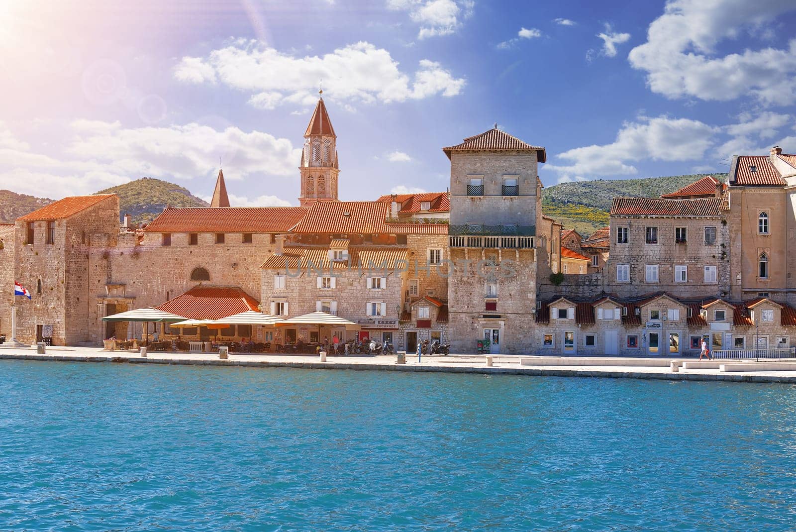 Trogir town panoramic view. UNESCO world heritage site panoramic view in Dalmatia, Croatia, tourist destination. View of sea coast in Trogir town with colorful houses