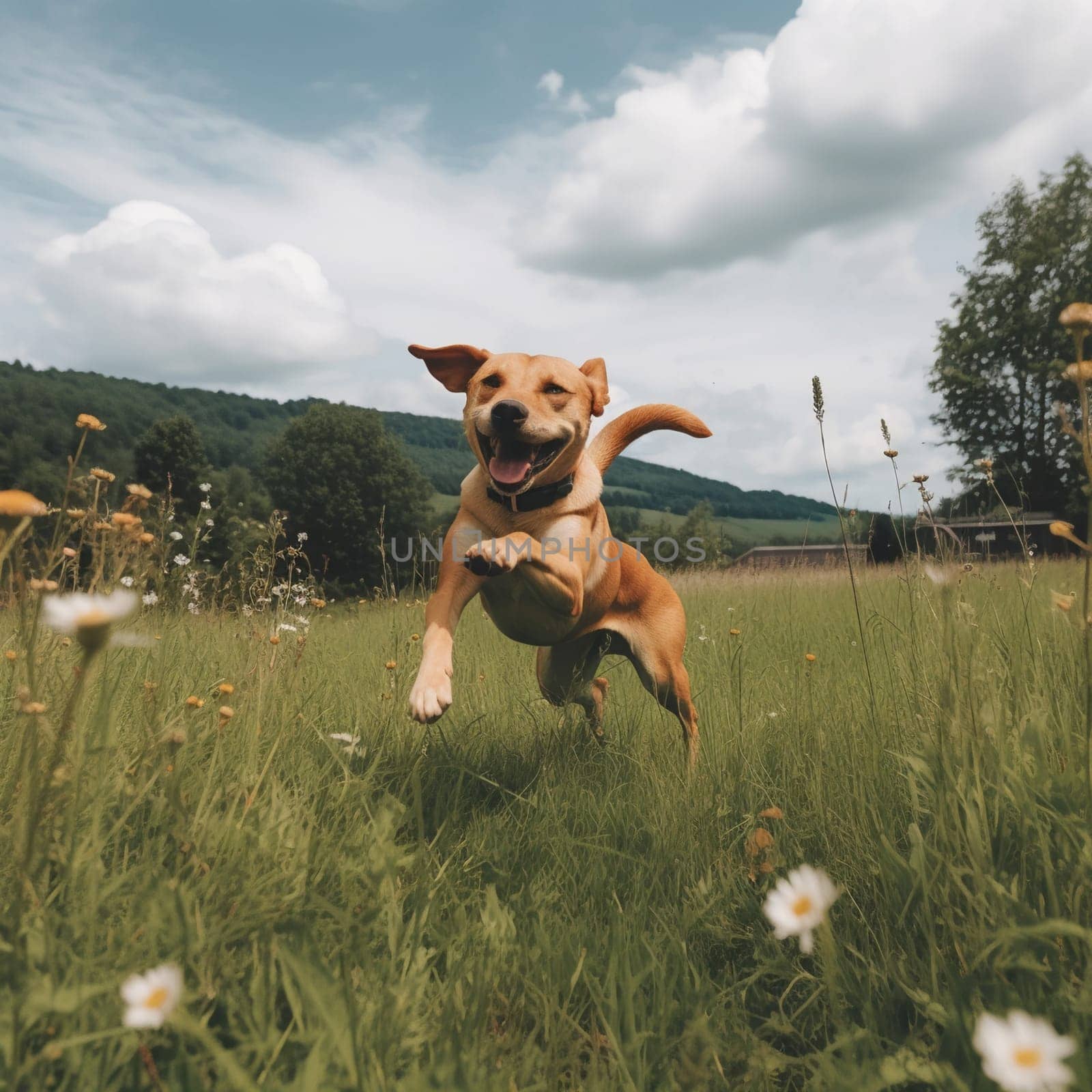 Happy dog running through a meadow with flowers