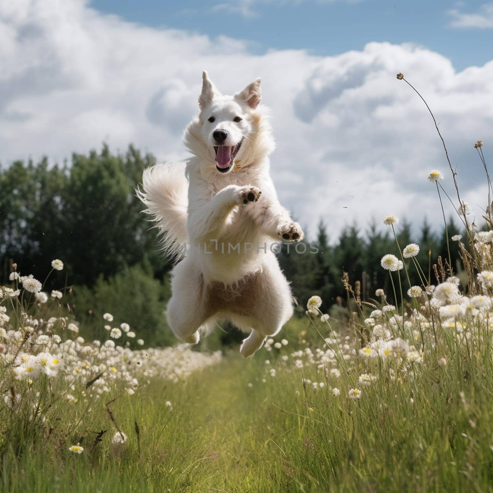 Happy dog running and jumping through a meadow with flowers. Generative ai by juliet_summertime