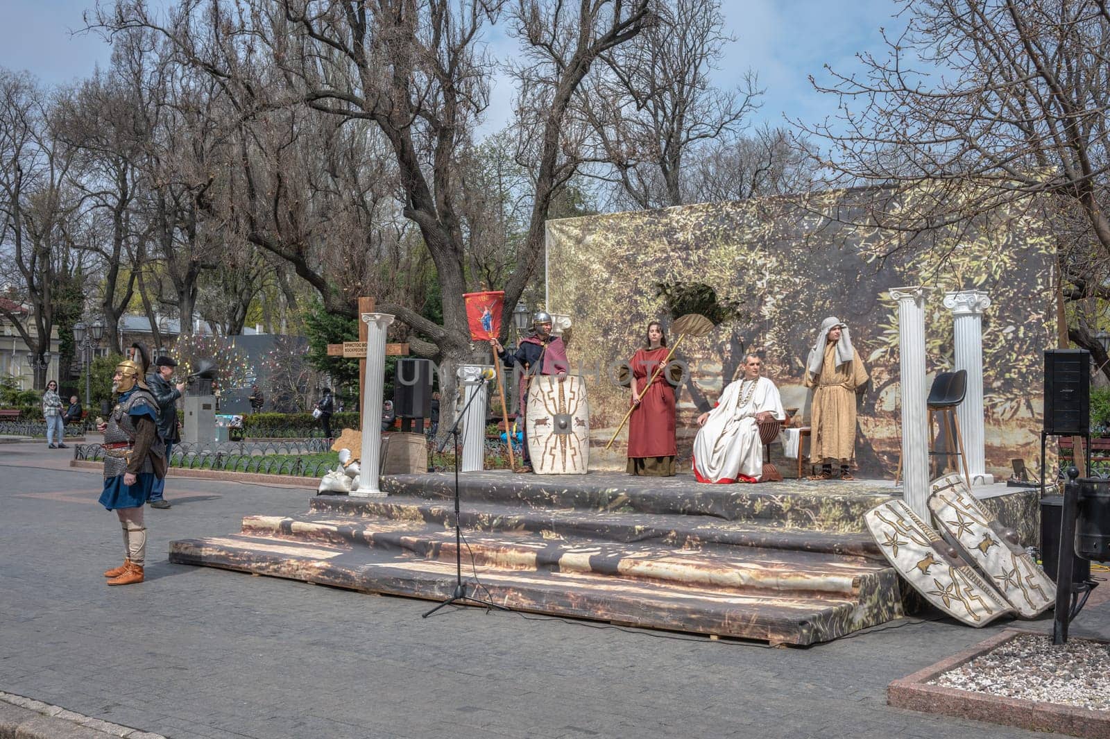 Odessa, Ukraine 15.04.2023. Easter theatrical show in historical center of Odessa, Ukraine, on a sunny spring day