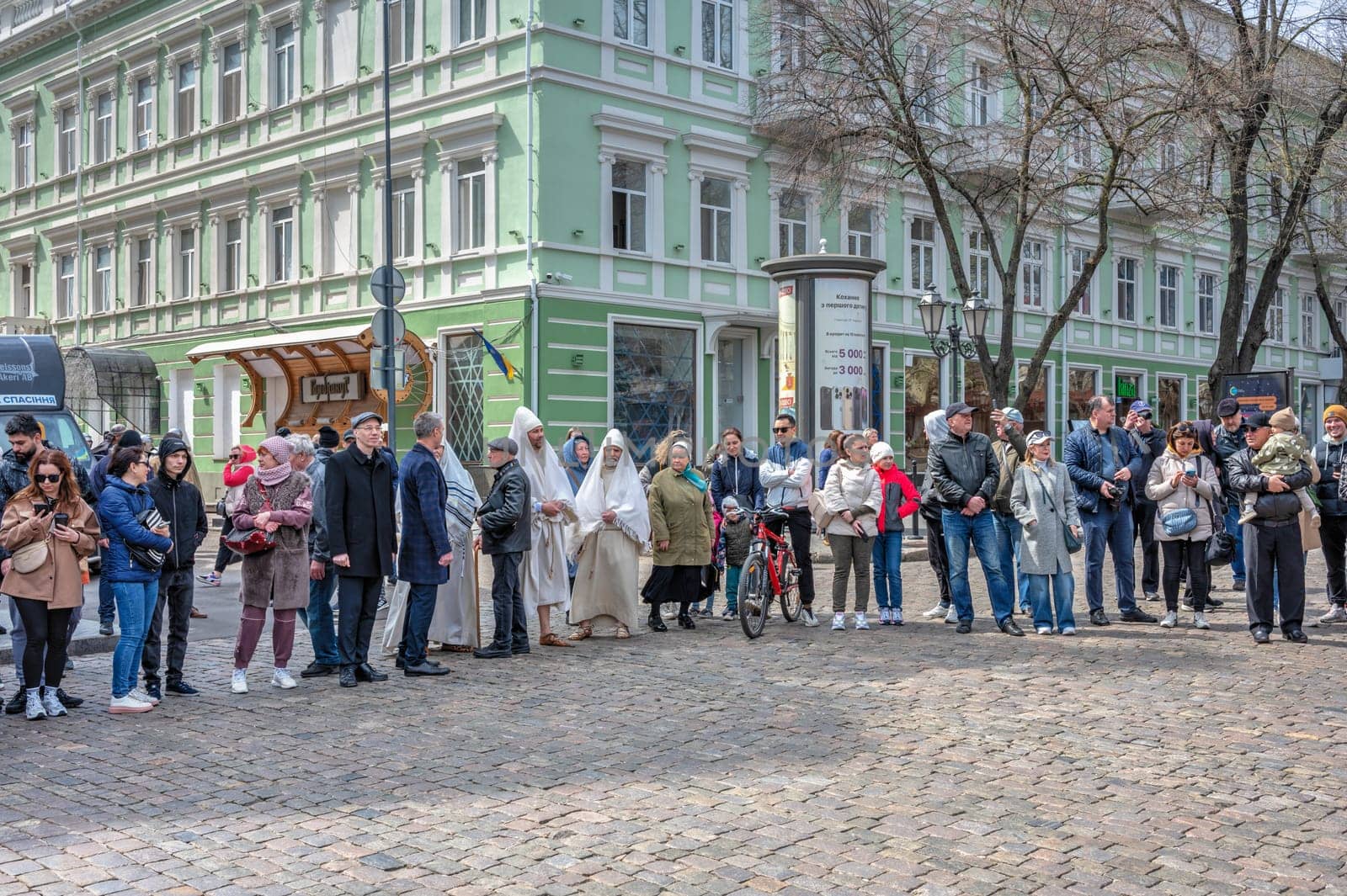 Odessa, Ukraine 15.04.2023. Easter theatrical show in historical center of Odessa, Ukraine, on a sunny spring day