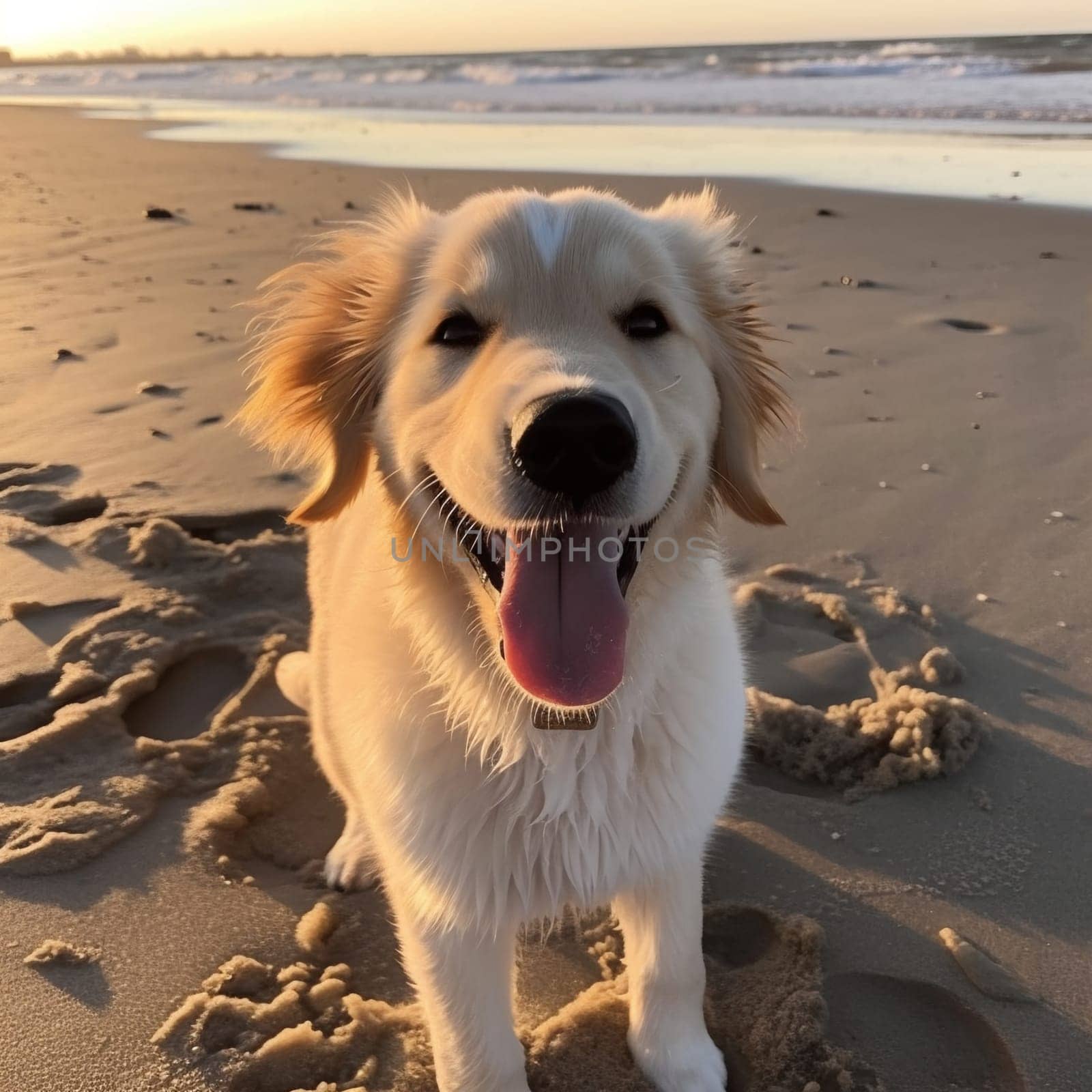 happy Golden retriever puppy on the sand beach Concept for the summer adventures of purebreed dog at the seaside vacation. generative ai by juliet_summertime