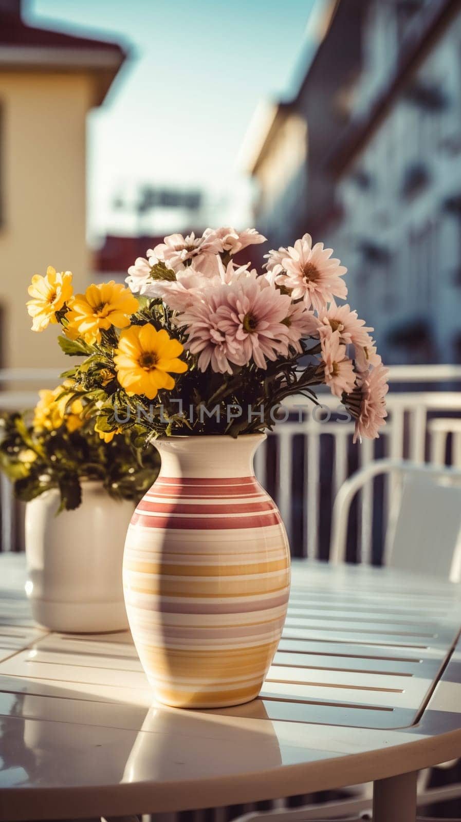 Bouquet of summer flowers in ceramic vase on table on terrace. Fresh Field flowers in vase. Cozy home decor of patio yard. Still life. Women day or wedding concept. festive background, 9:16 generative ai by juliet_summertime