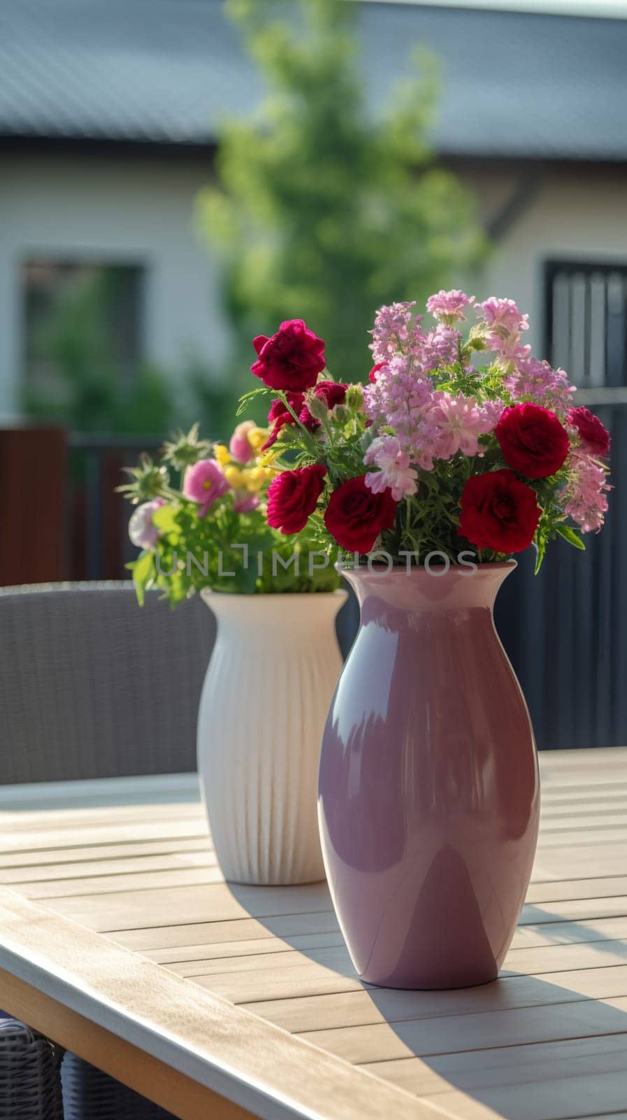 Bouquet of summer flowers in ceramic vase on table on terrace. Fresh Field flowers in vase. Cozy home decor of patio yard. Still life. Women day or wedding concept. festive background, 9:16