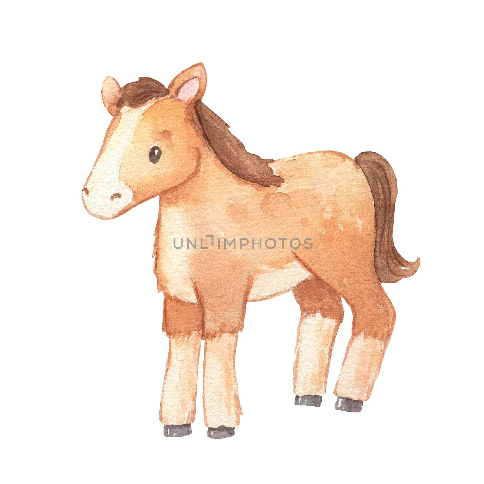 Cute horse character isolated on white background. Childish watercolor illustration with farm animal for kids
