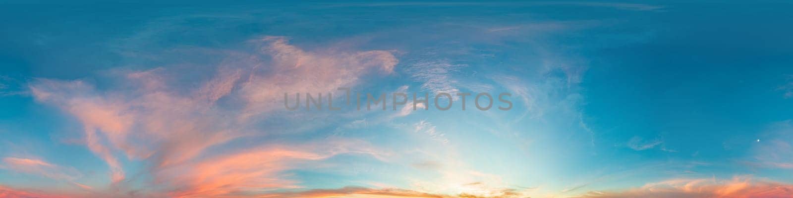 Sunset sky panorama with bright glowing pink Cirrus clouds. HDR 360 seamless spherical panorama. Full zenith or sky dome for 3D visualization, sky replacement for aerial drone panoramas. by Matiunina