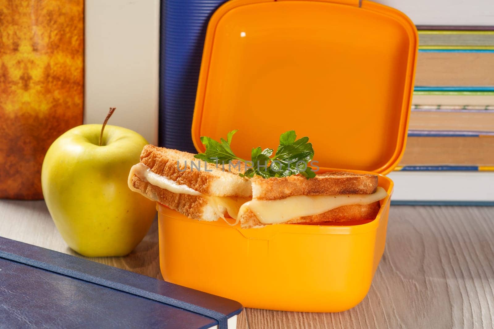 Lunch box with toasted slices of bread, cheese and green parsley, green apple and hardback books on the background. by mvg6894