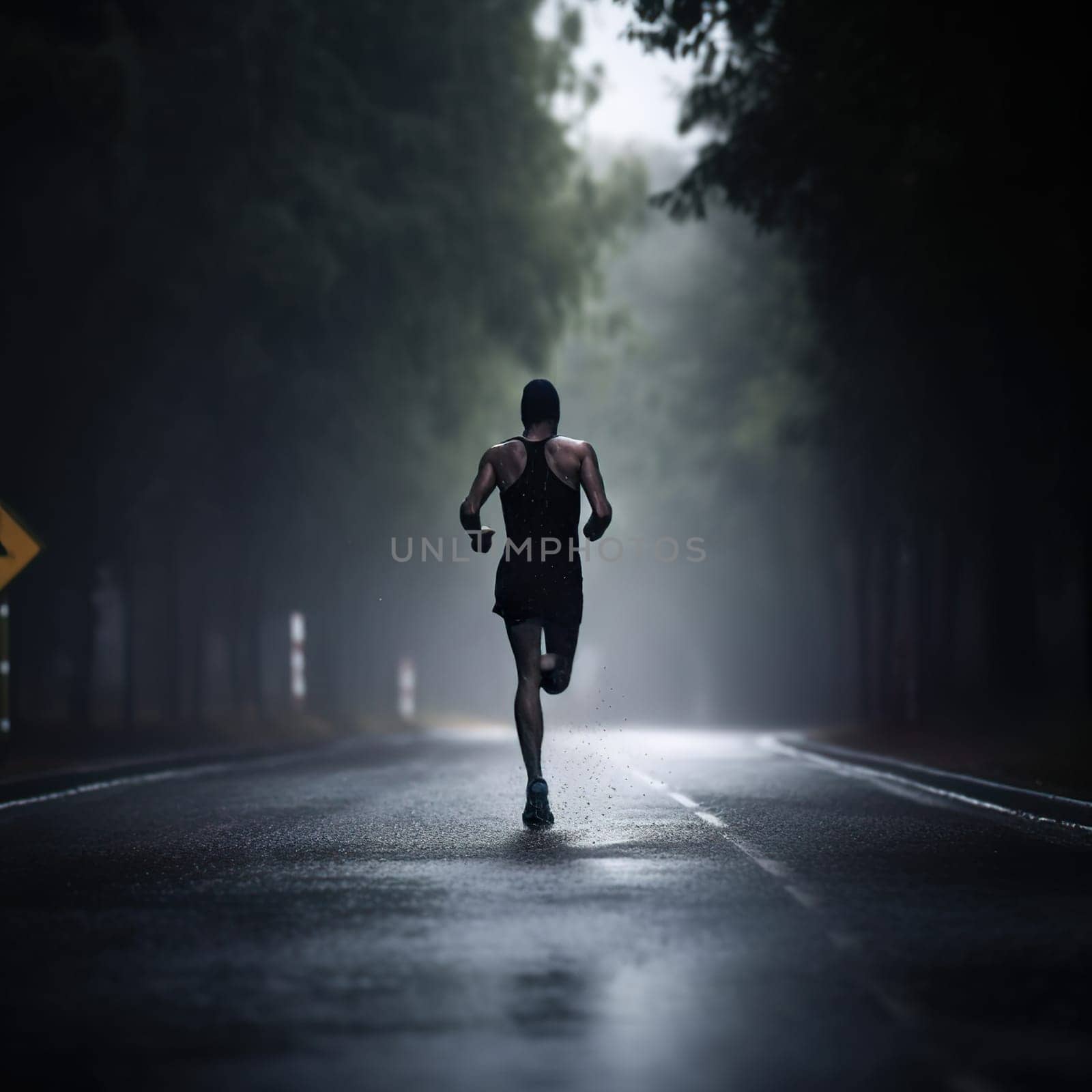 athlete runnerforest trail in the rain by banate
