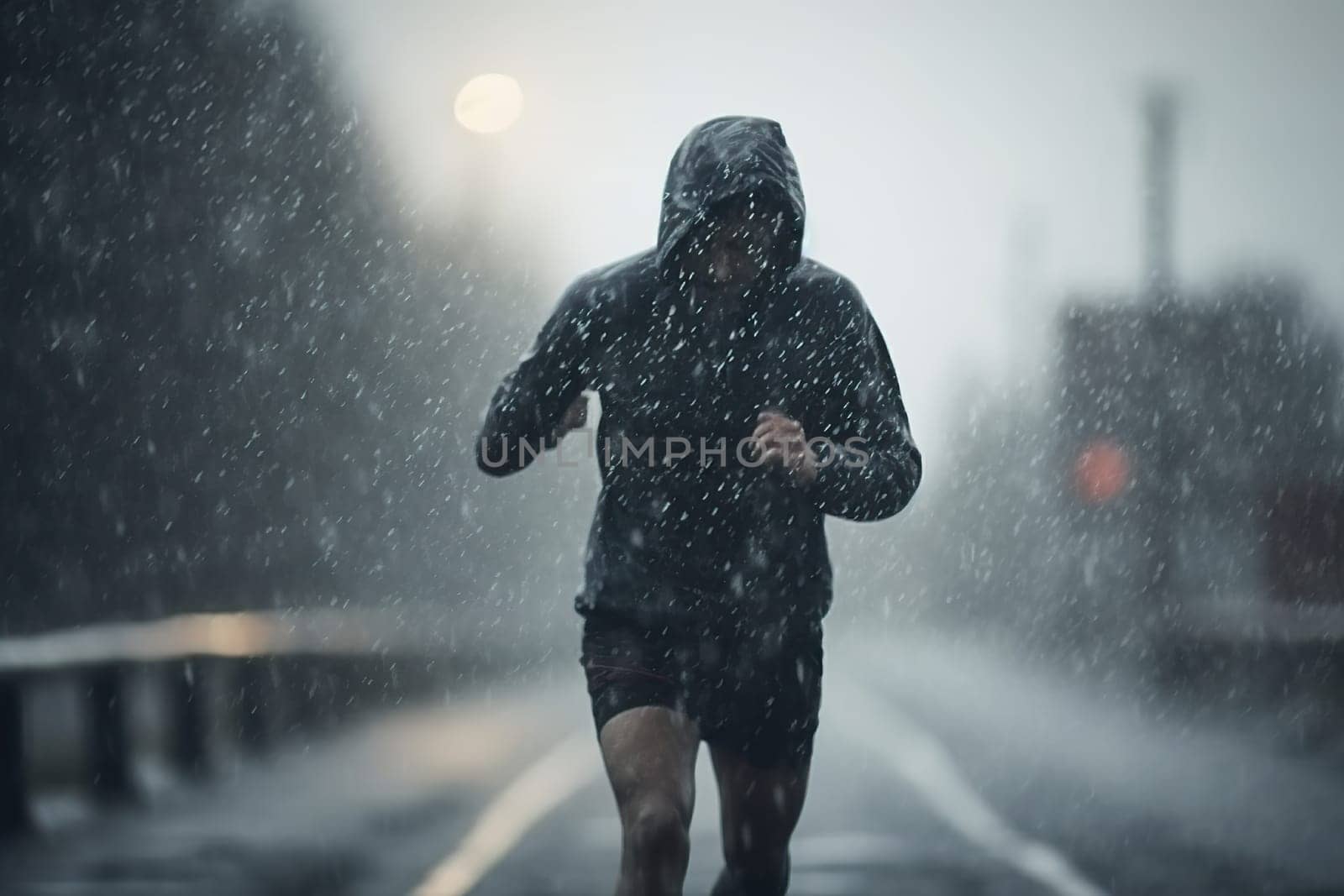 athlete runner in grey sports jacket forest trail in the rain. High quality photo