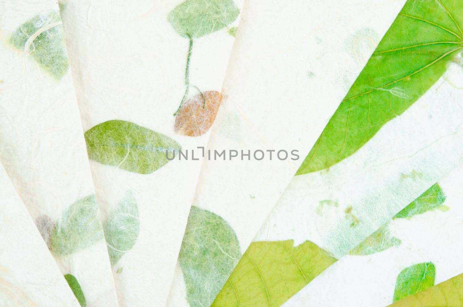 Handmade recycled flower and leaf paper background.