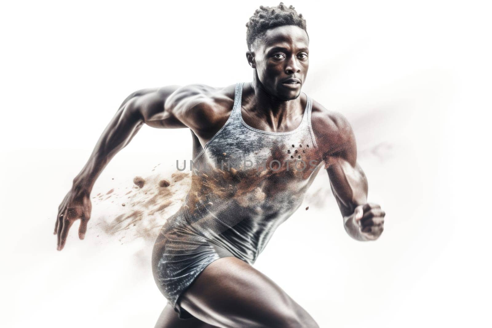 Heroic double exposure photo of a well trained male African runner speedy running. Generative AI AIG19.