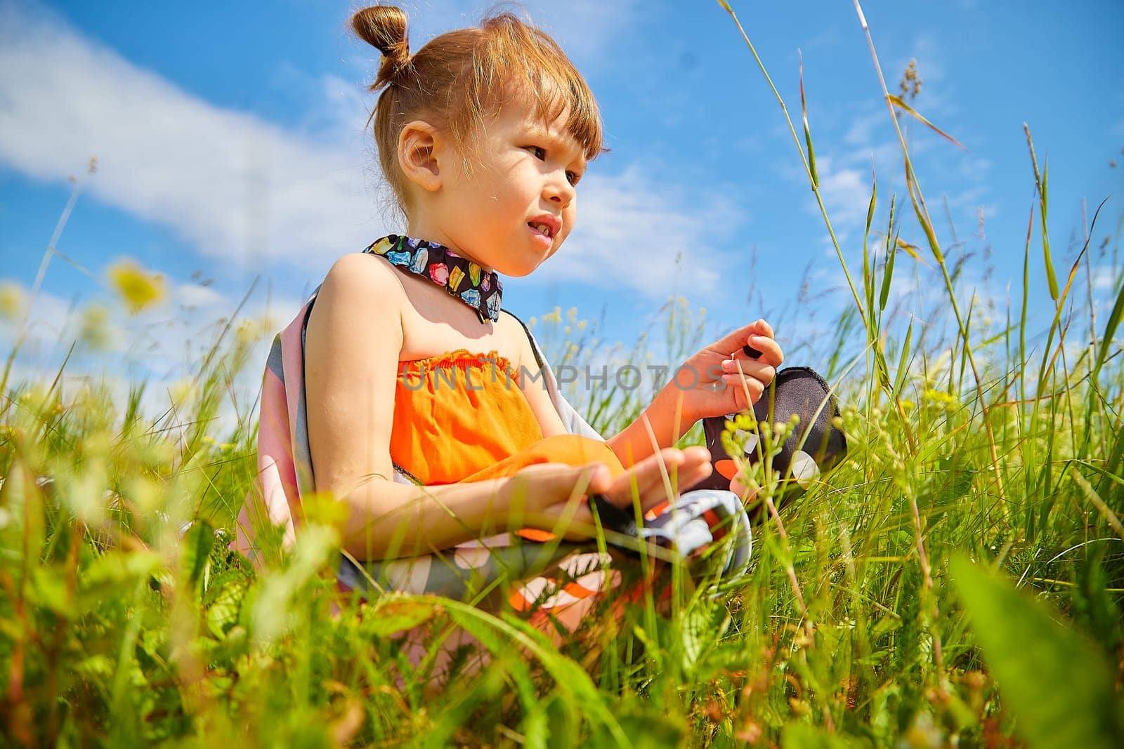 Portrait of little girl with Asian eyes in a meadow or field with grass and flowers on a sunny summer day