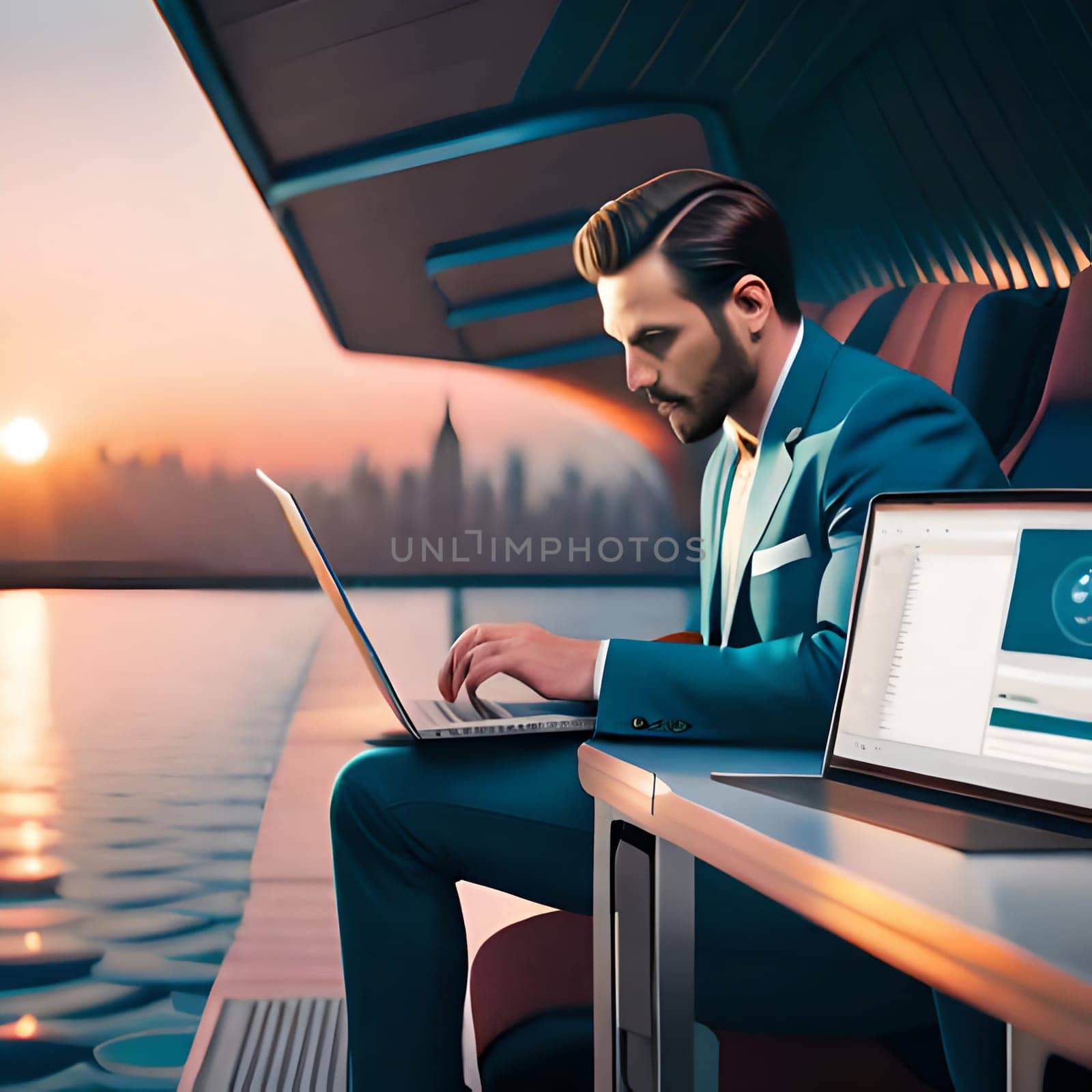 Businessman on a yacht with his laptop making transactions.-