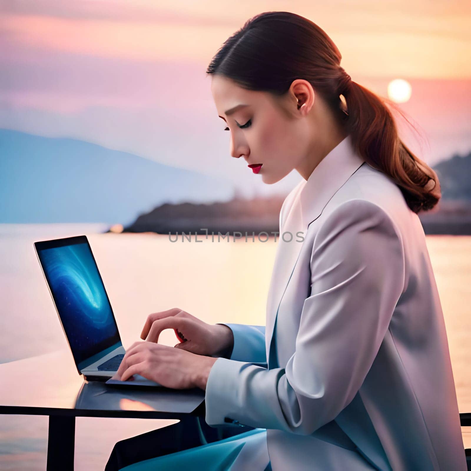 Businesswoman on a yacht with his laptop making transactions.-