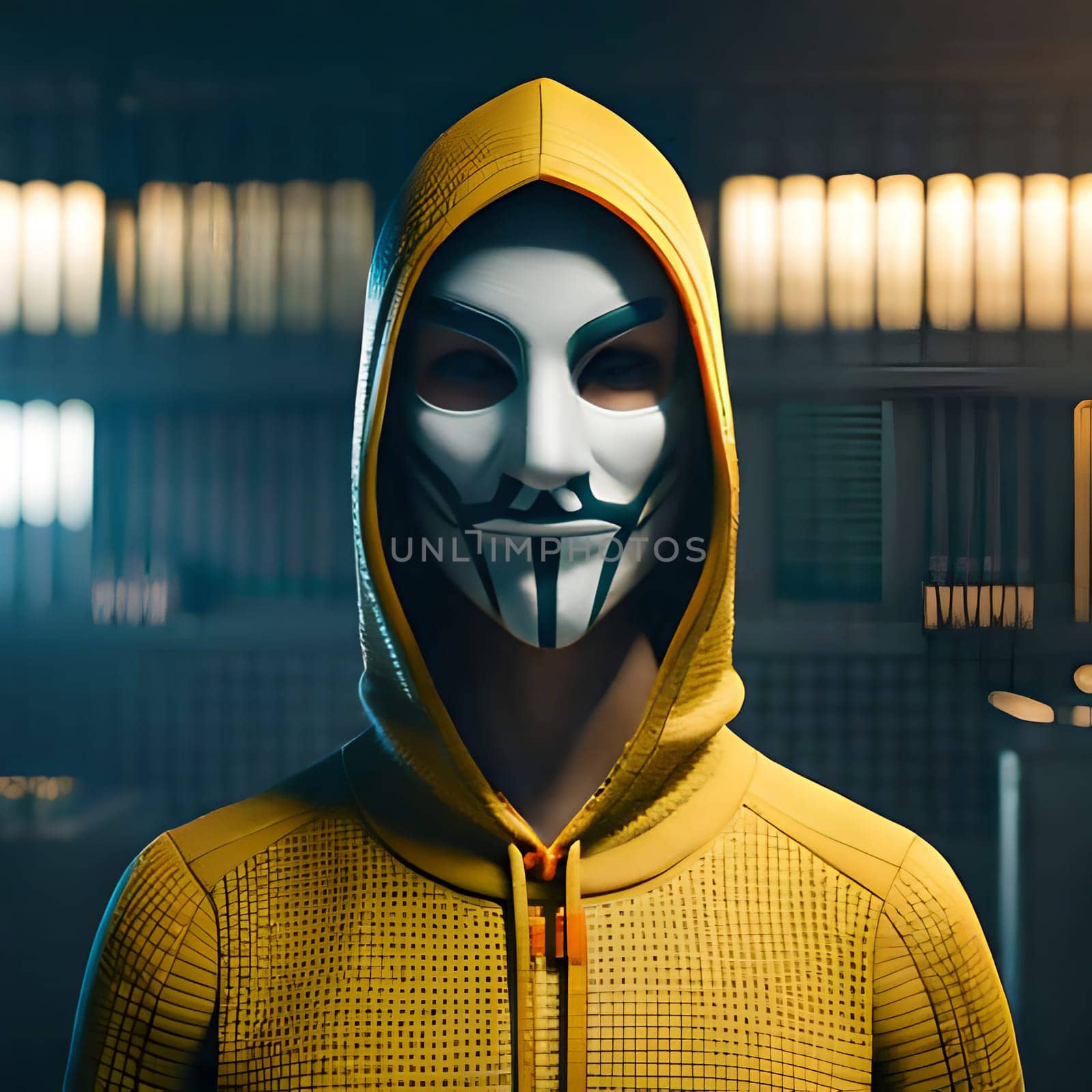 Hooded hacker looking straight ahead hiding his face with an anonymous mask.-