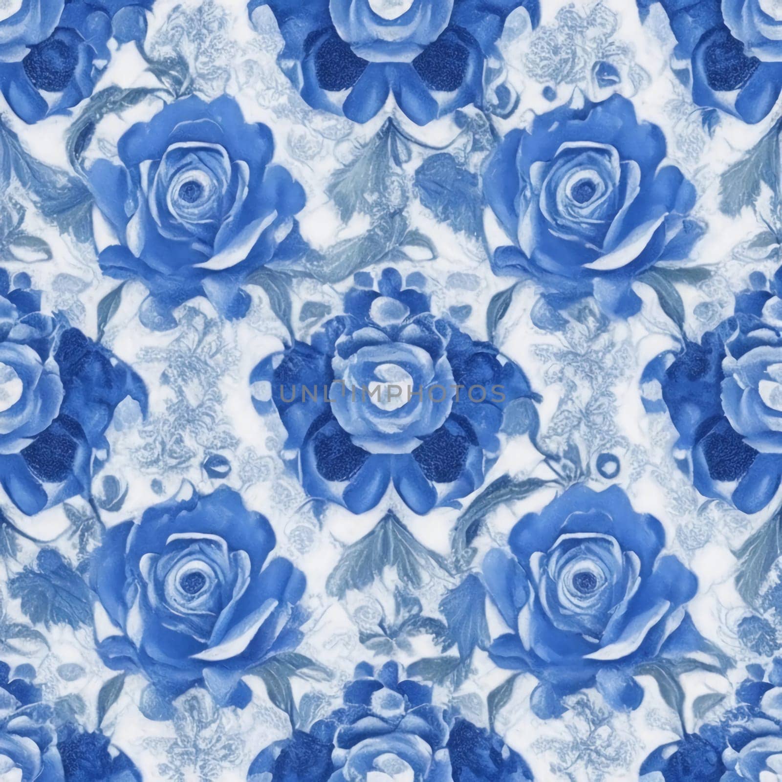 Symmetrical blue and white roses pattern style.-