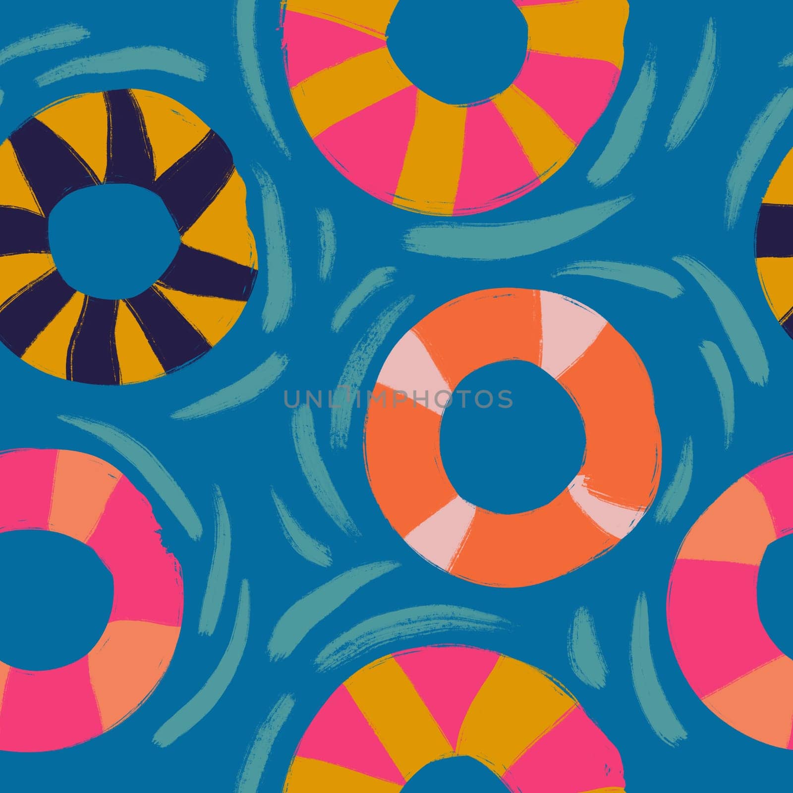 Hand drawn seamless pattern with pink yellow orange swimming rubber rings on blue water background. Float pool equipment lifebuoy lifesaver for children kids, bright vacation travel print sea ocean art. by Lagmar