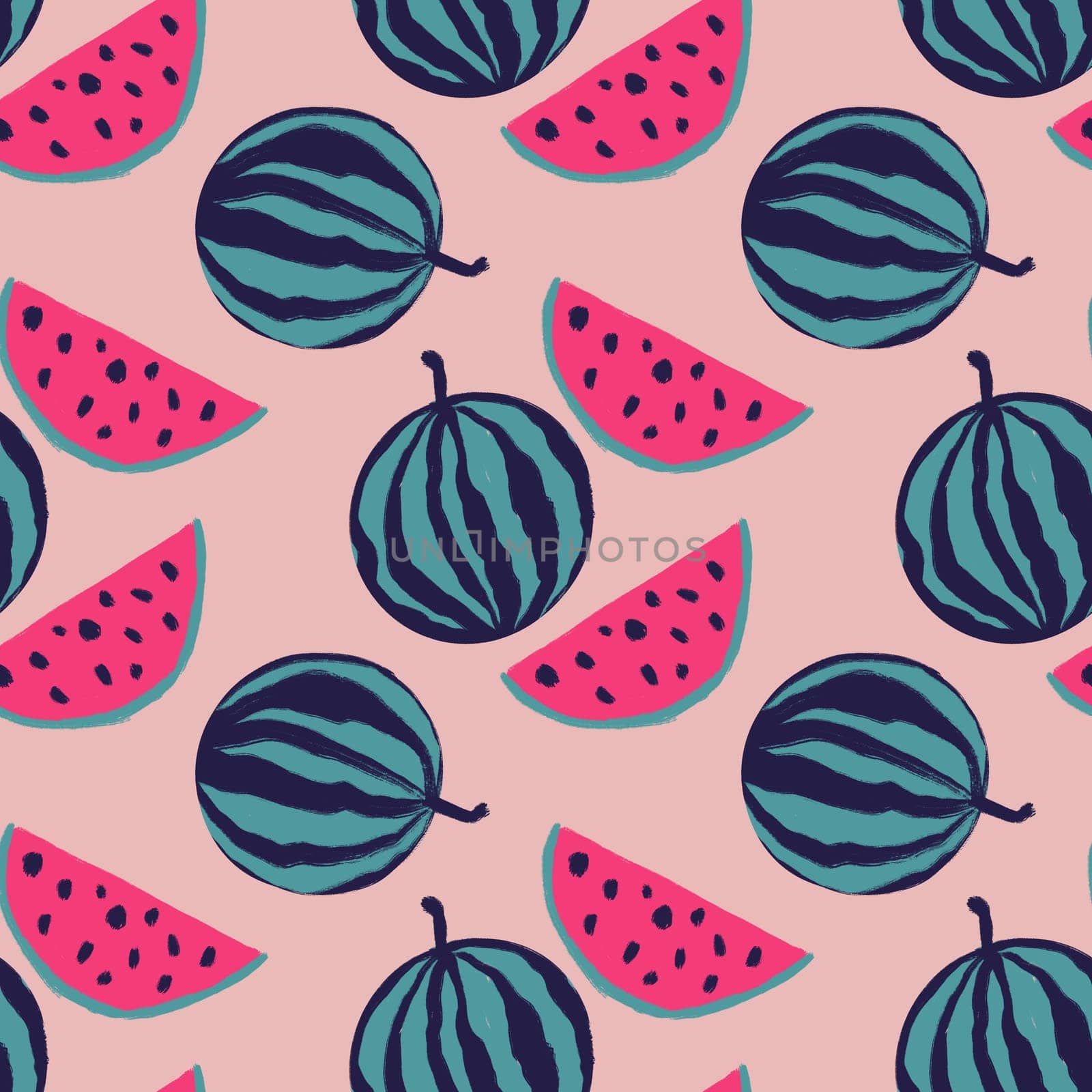 Hand drawn seamless pattern with pink blue watermelon fruit, colorful tropical food, bright summer holiday background. Juicy natural plant design y2k vintage retro. by Lagmar