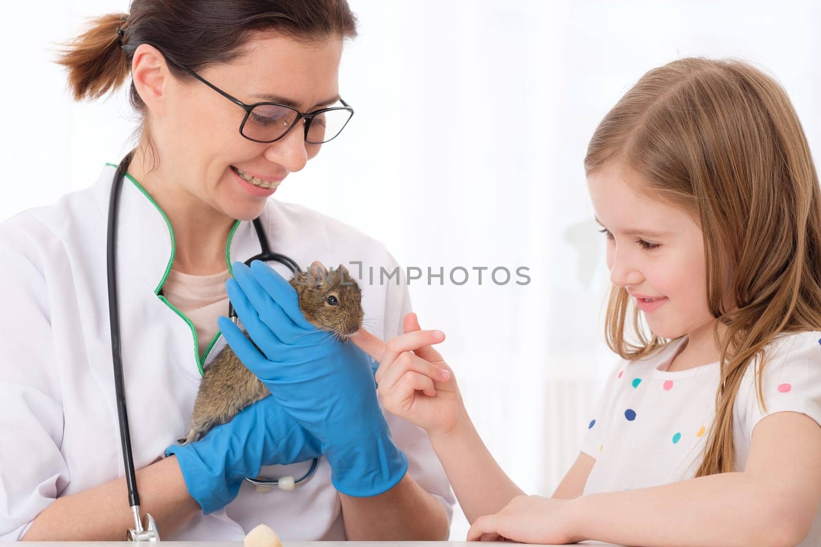 Veterinarian teaching funny little girl how to look after her pet degu