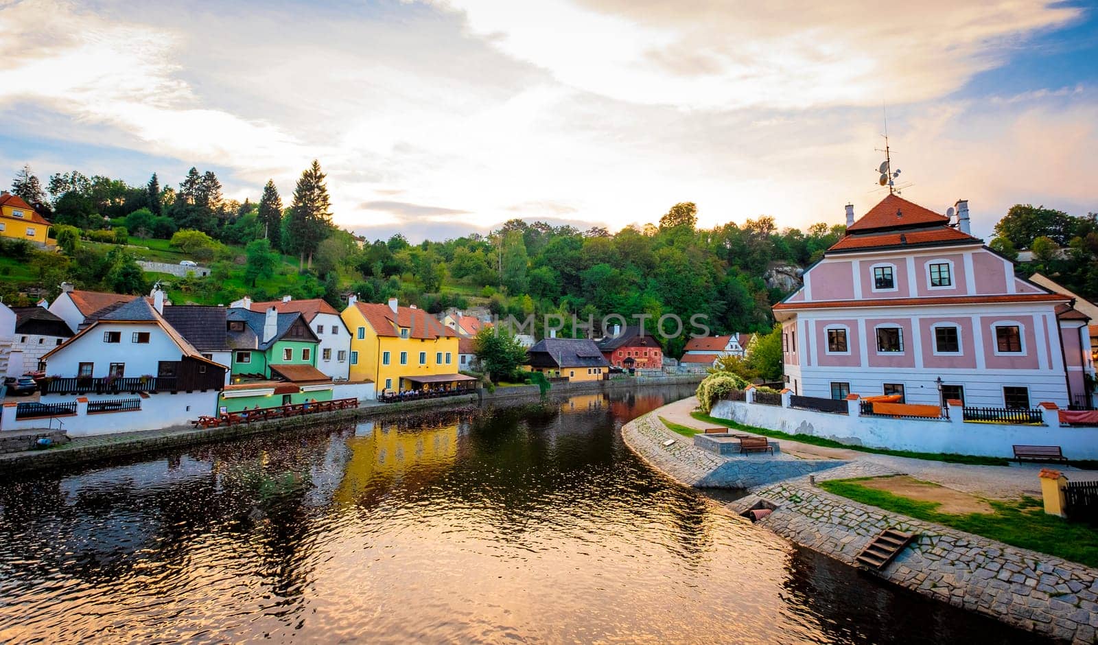 Amazing view of river in front of exciting Cesky Krumlov cityscape