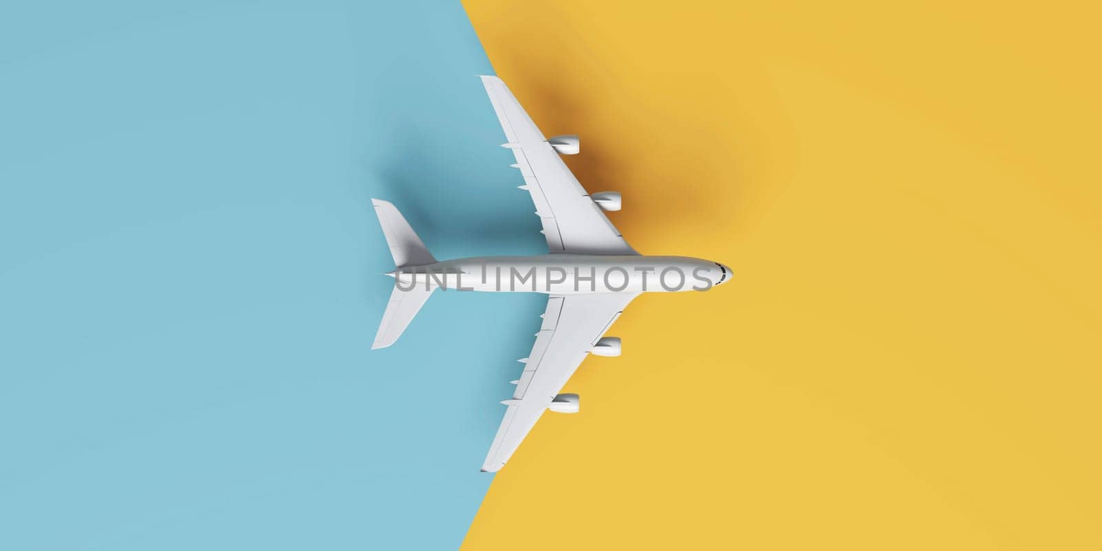 Flat lay design of travel concept with plane on yellow and blue runway. 3D rendering.