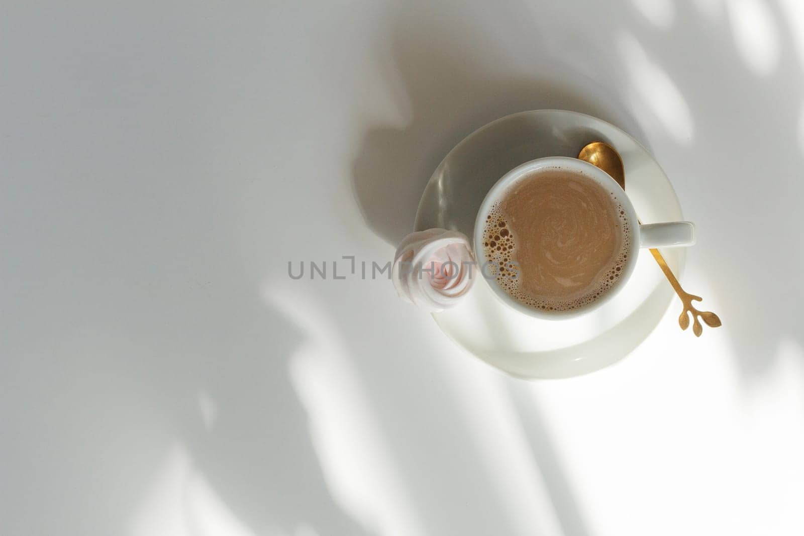 Cup of coffee in a white coffee cup, meringue on a saucer, on a white table with empty space in sunlight, leaf shadow, product background, 3D relaxation. copy space.
