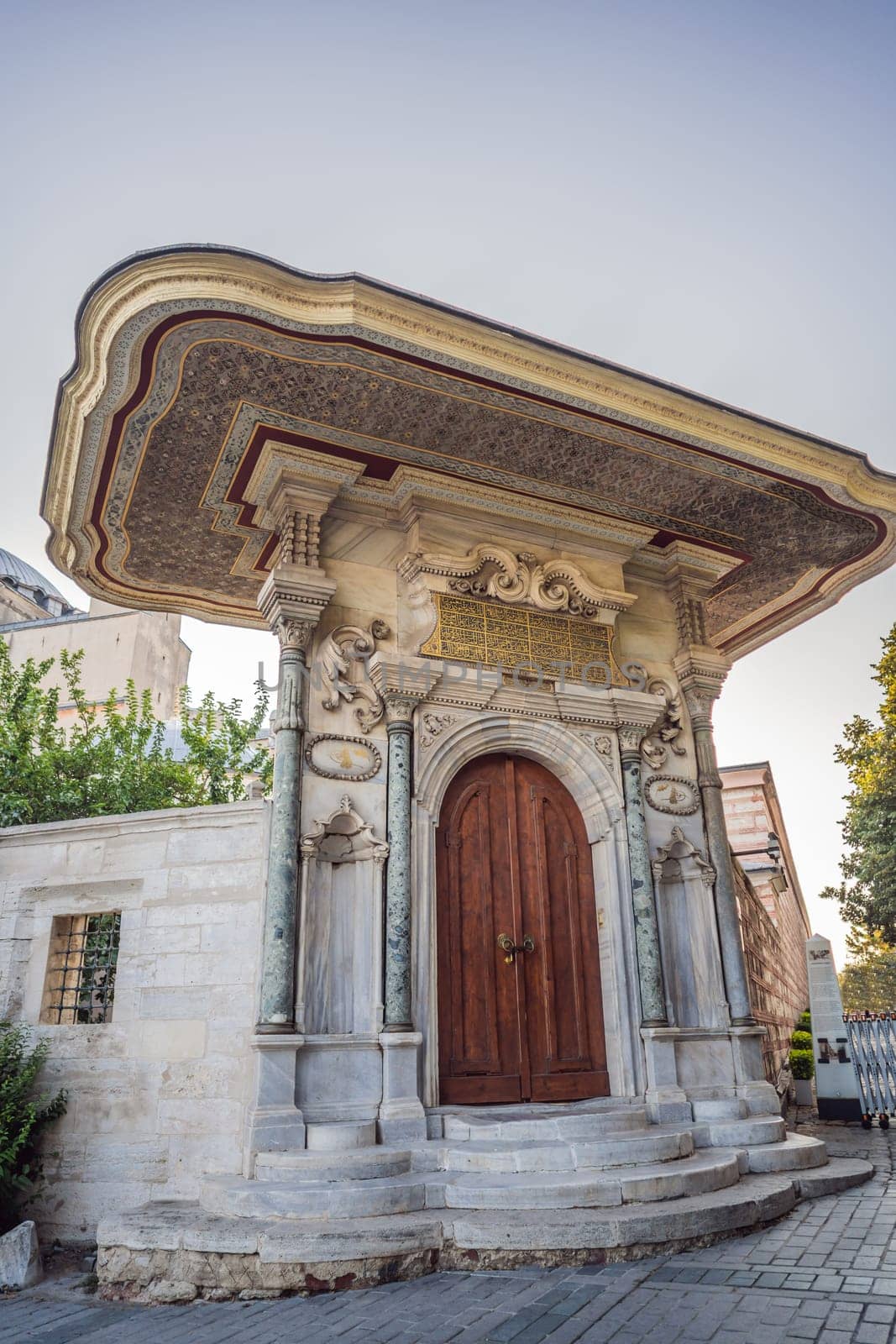 Sunny day architecture and Hagia Sophia Museum, in Eminonu, istanbul, Turkey. Turkiye.